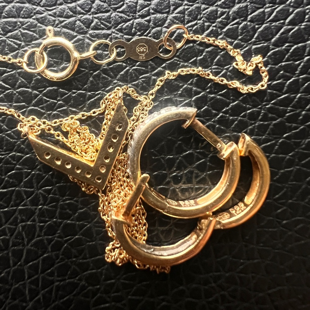 SOLD Preloved 14K Diamond Chevron Necklace and Huggie Earrings